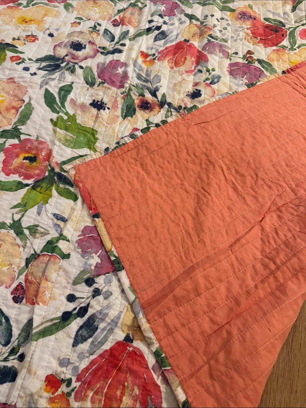 Floral Watercolor Cotton Quilt Blanket - Pink, Peach & Green - Picture 3 of 3